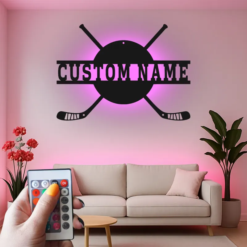 Personalisierte Hockey Namensschild | LED Metall-Wandkunst für das Spielzimmer | Individuelle Sportdekoration | Geschenk für Hockeyspieler