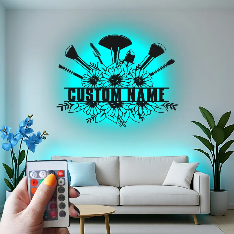 Panneau maquilleuse sur mesure | Décoration murale florale LED en métal | Décor personnalisé pour salon de beauté | Logo coiffeuse