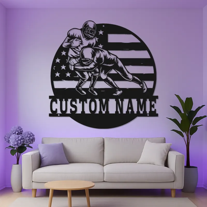 Arte Mural de Metal de Fútbol Personalizado con LED | Cartel de Nombre Personalizado para Man Cave o Habitación de Adolescentes | Regalo para Jugador de Fútbol Americano
