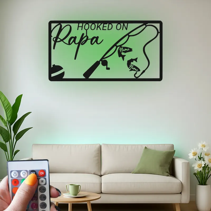 Personalisierte Fischer-Geschenk | Individuelles LED-Metallschild mit Namen | Dekoration für das Ferienhaus von Papa & Opa | Hooked on Papa-Schild
