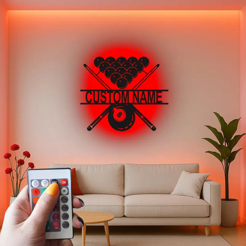 Arte murale in metallo LED Biliardi Personalizzata | Insegna per sala giochi di Pool Room | Decorazione illuminata 8 Ball e Stecca | Regalo per sala giochi per lui