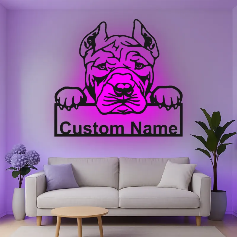 Décoration murale en métal LED personnalisée pour Pitbull - Cadeau pour amoureux des chiens - Décor pour salon