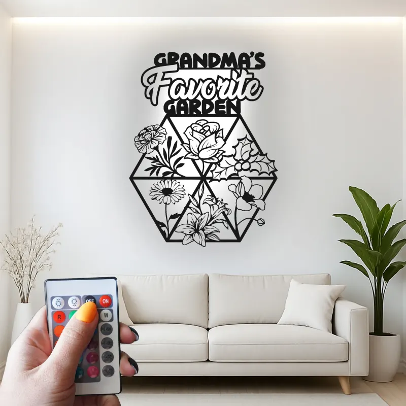 Omas Garten LED-Schild | Personalisiertes Metall-Wandkunst mit Blumenmotiv | Geschenk zum Muttertag