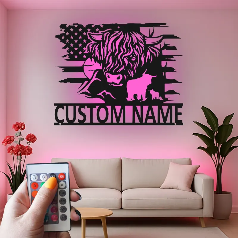 Décoration murale en métal Highland Cow | Enseigne LED personnalisée avec drapeau USA | Déco ranch sur mesure | Cadeau pour fermier
