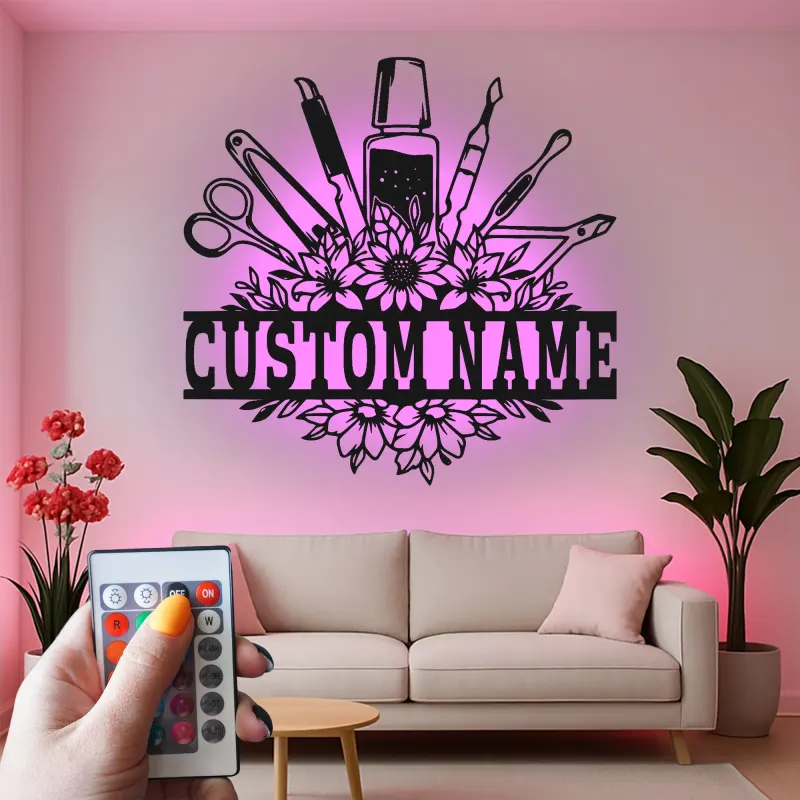 Personalisiertes Nageltechniker LED-Schild | Individuelle Metall-Wandkunst für Salon | Florale Manikuristen-Dekoration | Geschenk für Nagelkünstler