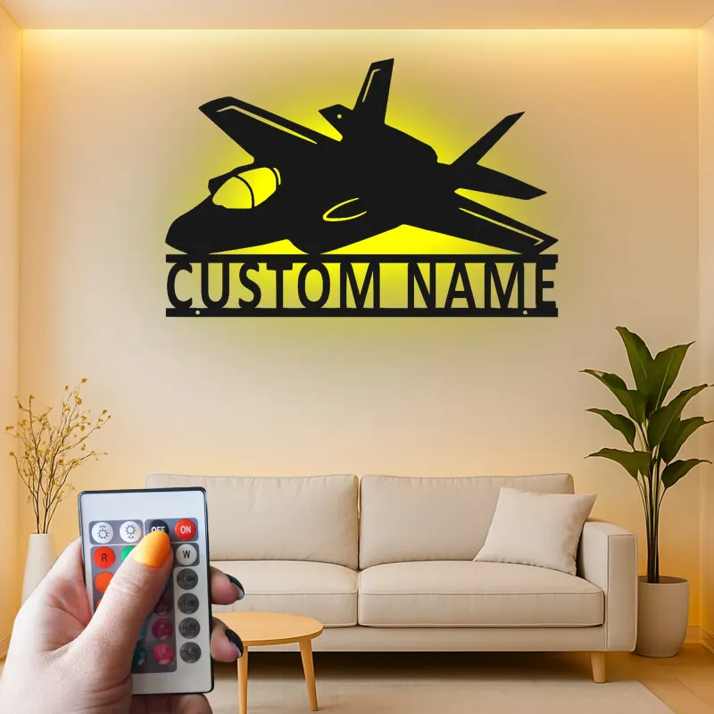 Insegna LED a forma di jet da combattimento personalizzata | Arte da parete in metallo per aviazione | Regalo personalizzato per piloti | Decorazione per rifugi maschili di aerei militari