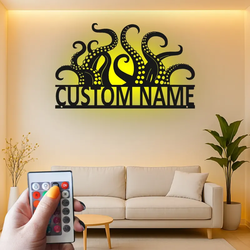 Cartel LED personalizado de tentáculos de pulpo | Arte de metal con nombre personalizado | Decoración náutica para negocios y hogar costero | Regalo para amantes del mar