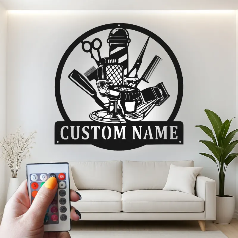Custom Barber Shop Led Light Metal Wall Art Personalized Gift for Barbers Salon Decor with Name