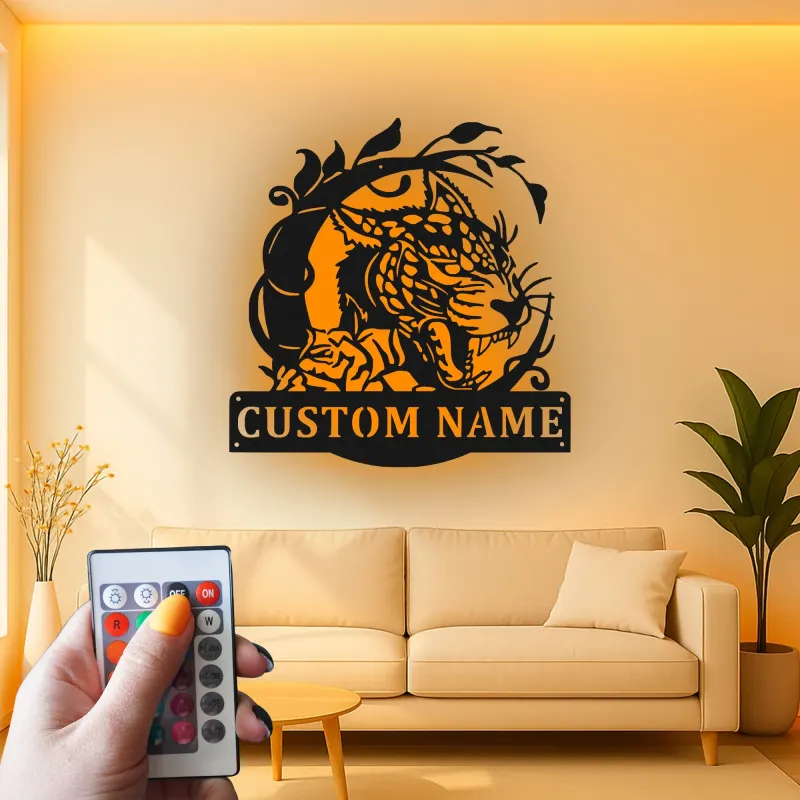 Décoration murale LED en métal jaguar personnalisé | Panneau prénom pour bureau et man cave | Déco prédateur de la jungle avec éclairage télécommandé