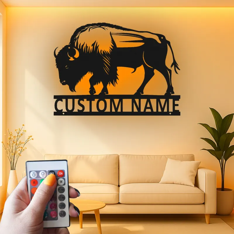 Insegna in metallo LED personalizzata con bisonte - Regalo selvatico per la casa - Decorazione rustica per soggiorno