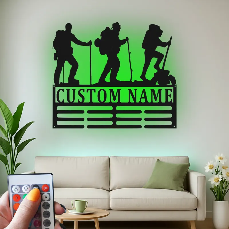Custom Hiker LED Metal Art | Personalized Name Sign for Cabin Decor | Outdoor Enthusiast Gift