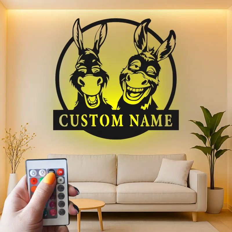 Insegna in metallo personalizzata con duo di asini LED per amanti della fattoria