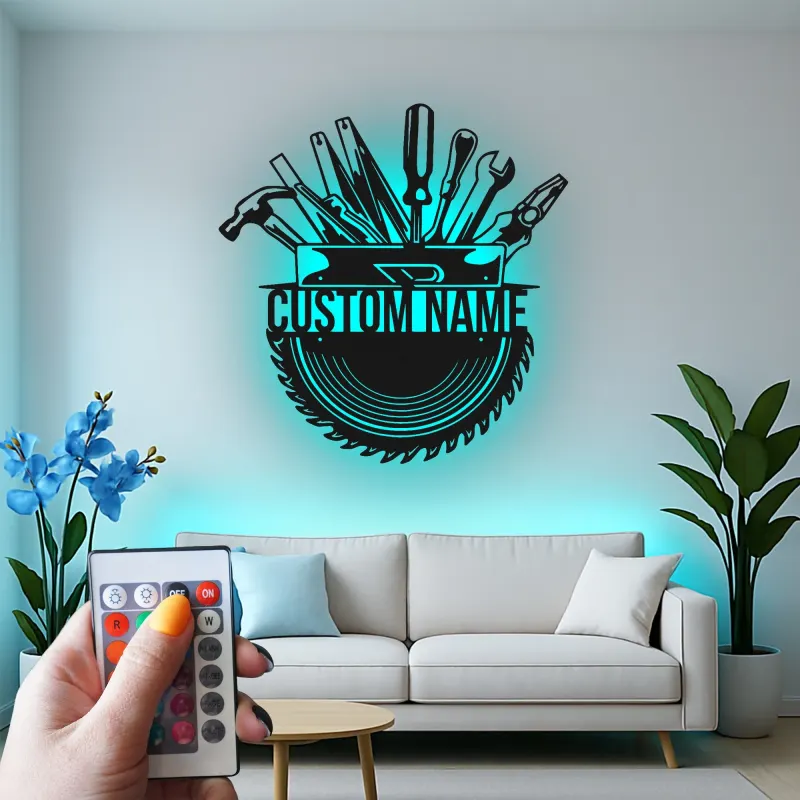 Décoration murale en métal personnalisée avec rétroéclairage LED pour boîte à outils - Cadeau pour bricoleur, décoration de garage et d'atelier