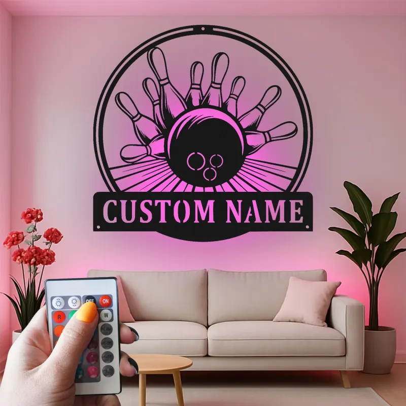 Insegna in metallo LED personalizzata con birilli e palla da bowling - Regalo per appassionati di bowling e decorazione per sala giochi