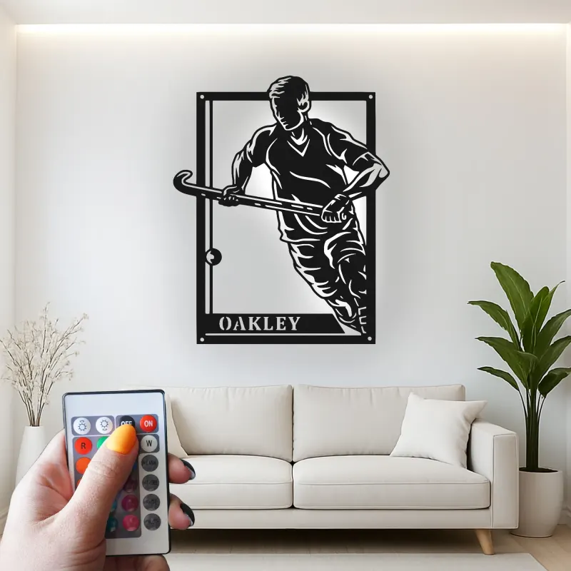 Custom Field Hockey Player Led Light Metal Wall Art Sports Gift for Athletes Game Room Decor