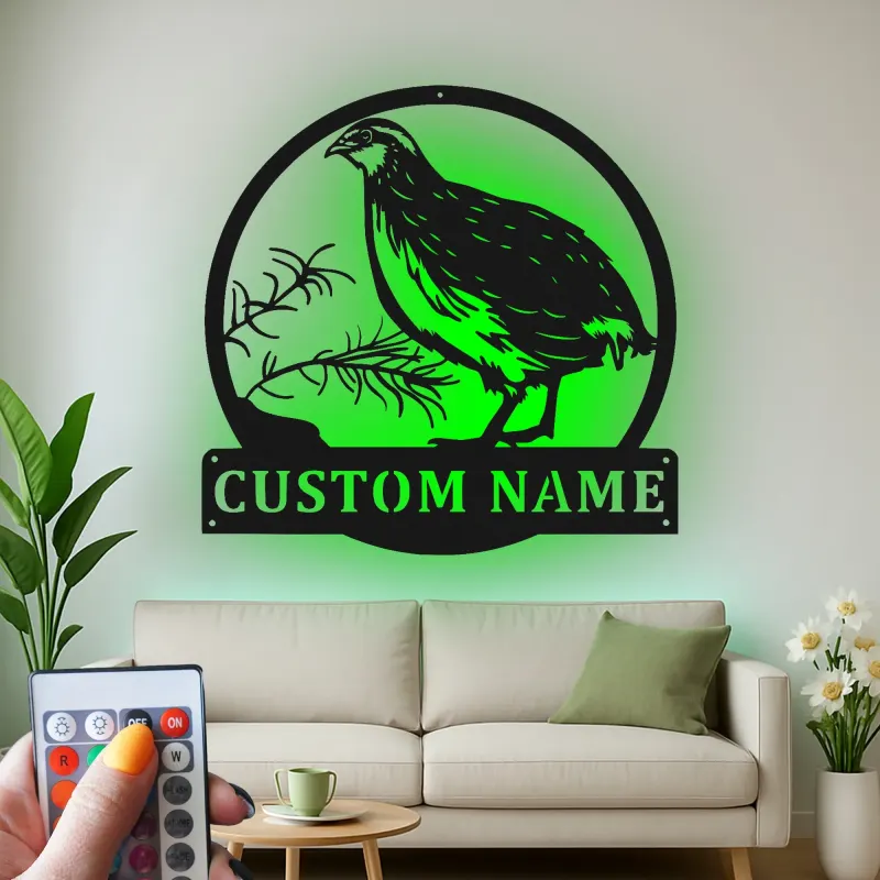 Décoration murale en métal personnalisée avec caille et rétroéclairage LED - Cadeau pour amoureux des oiseaux, décoration rustique de ferme