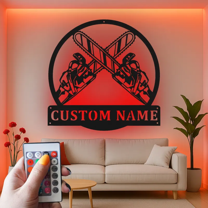 Personalisierte LED-Metall-Wandkunst mit Kettensäge – Geschenk für Holzfäller, Garage oder Werkstatt