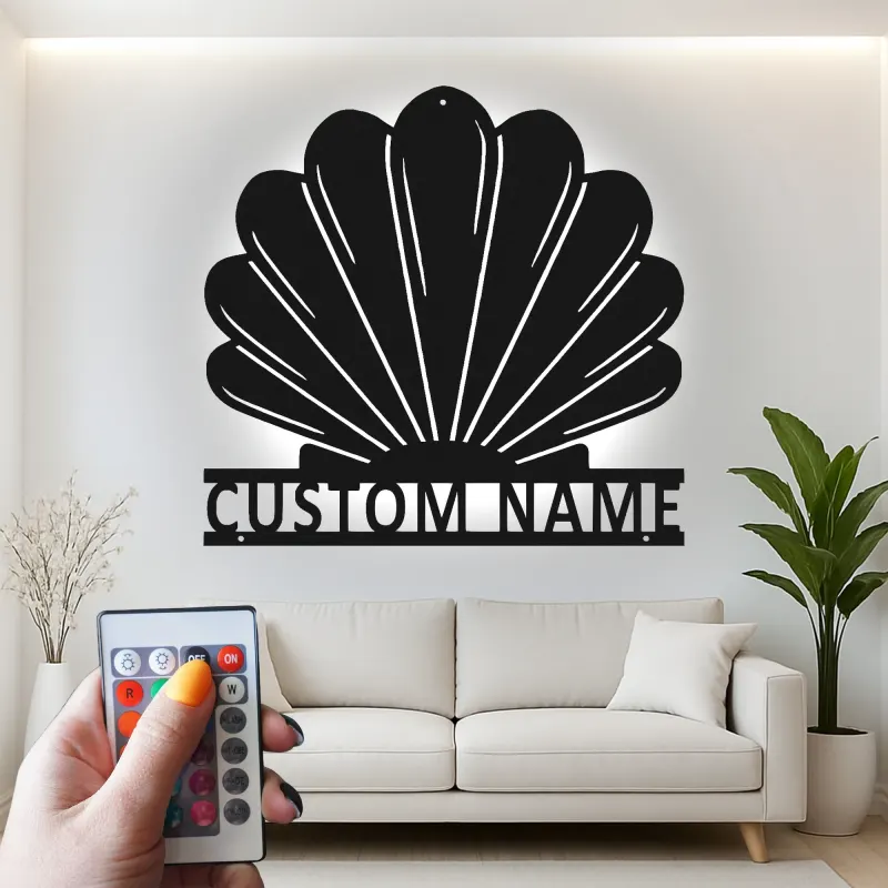 Arte in Metallo LED con Conchiglia | Insegna con Nome Personalizzata per Decorazione Costiera | Regalo Nautico per Casa al Mare