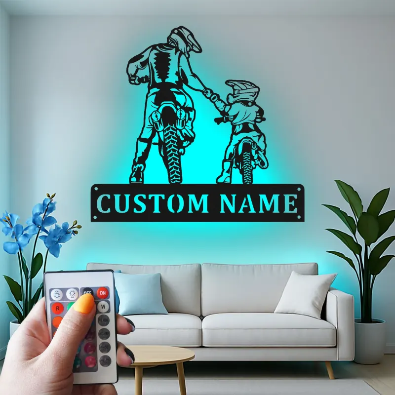 Cartel de metal personalizado con luz LED para padre e hijo motocross, regalo único para papá, decoración para garaje o man cave