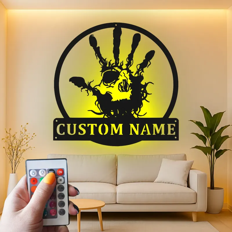 Zombie Handprint LED Metal Sign | Personalized Horror Decor | Custom Name Wall Art for Halloween & Haunted House Events