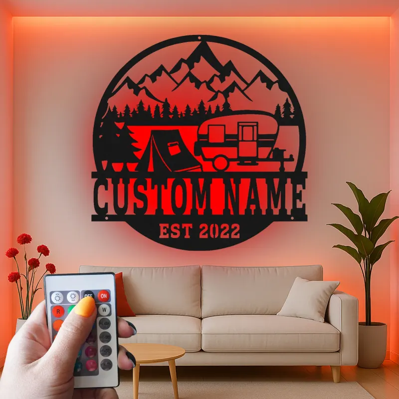 Cartel de metal LED con camper y tienda personalizado, regalo de aventura al aire libre para decoración de cabaña o RV