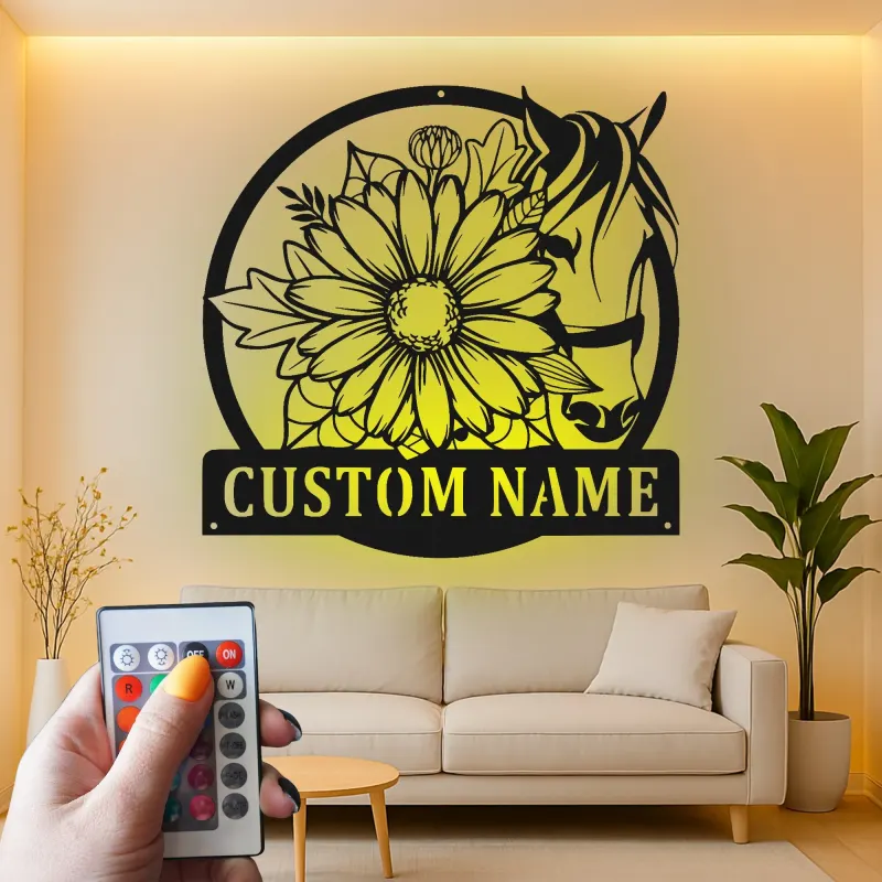 Insegna LED Personalizzata Cavallo e Fiori | Arte in Metallo Personalizzata | Regalo Equestre e Decorazione per Ranch