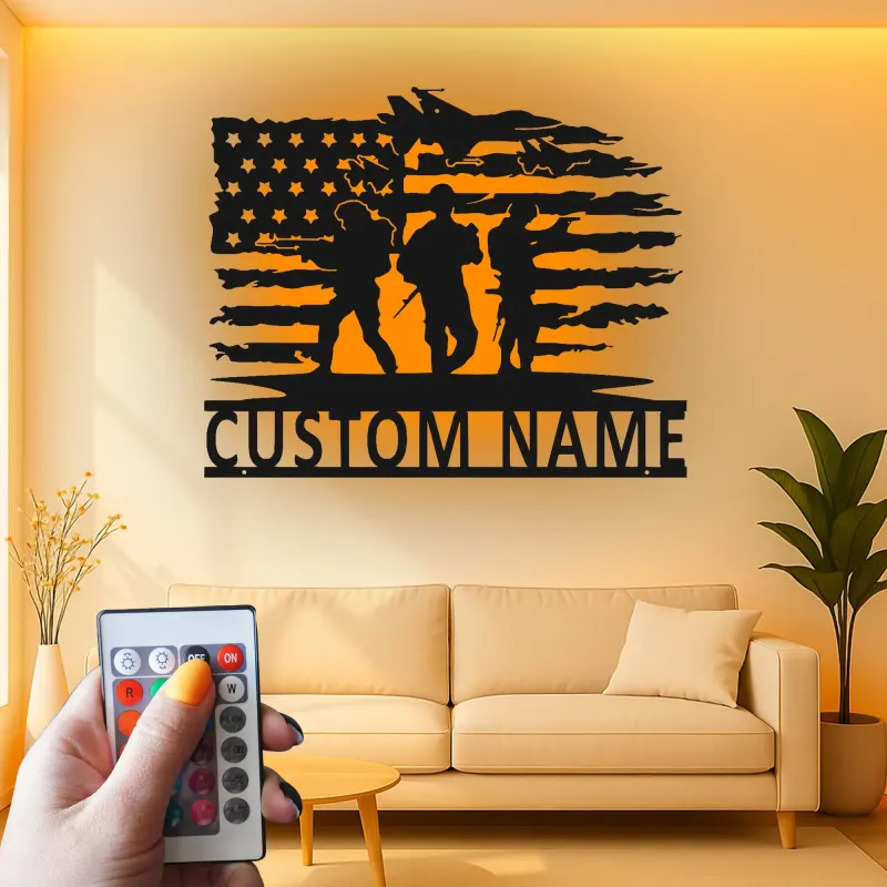 Custom Soldier Flag Metal Sign | Patriotic LED Wall Art | Personalized Military Decor for Veteran Man Cave