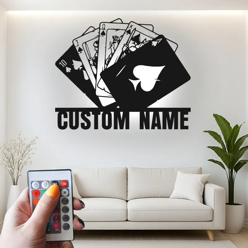Royal Flush Metal Wall Art | Personalized LED Poker Room Sign | Custom Name Card Player Gift | Game Room Decor