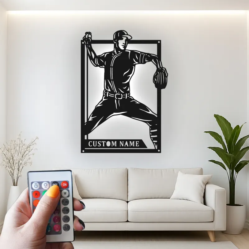 Insegna in metallo personalizzata con luce LED per lanciatore di baseball - Regalo personalizzato per appassionati di sport e decorazione per sala giochi