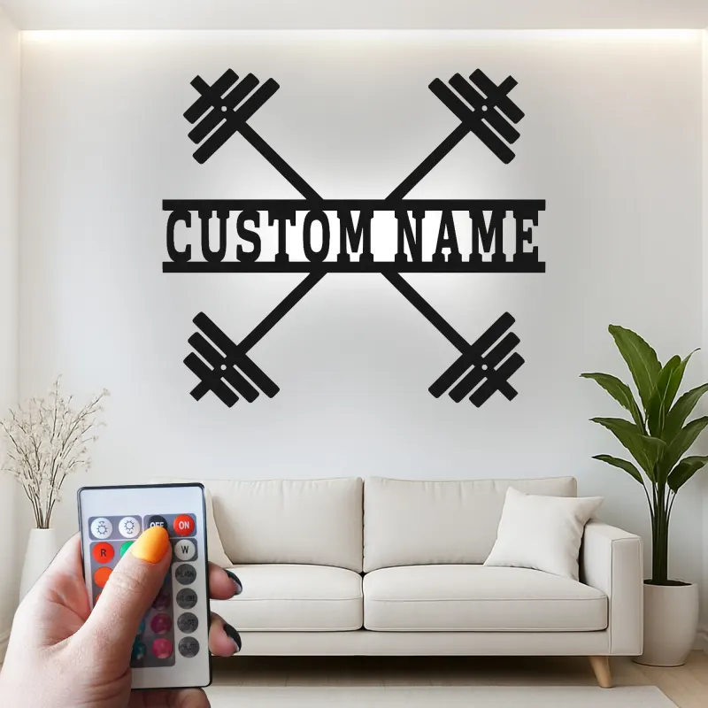 Insegna in metallo personalizzata con bilanciere e luce LED regalo per appassionati di fitness decorazione per home gym