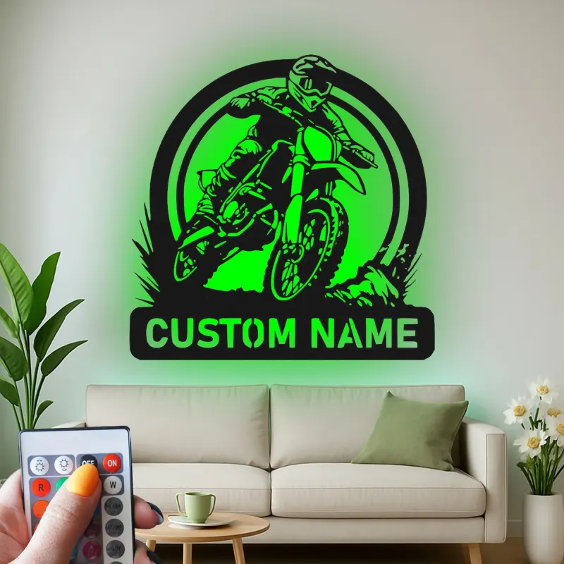 Personalisierte Metall-Wandkunst mit LED-Beleuchtung für Motocross-Fahrer – Geschenk für Dirtbike-Enthusiasten, Garage oder Spielzimmer Dekor