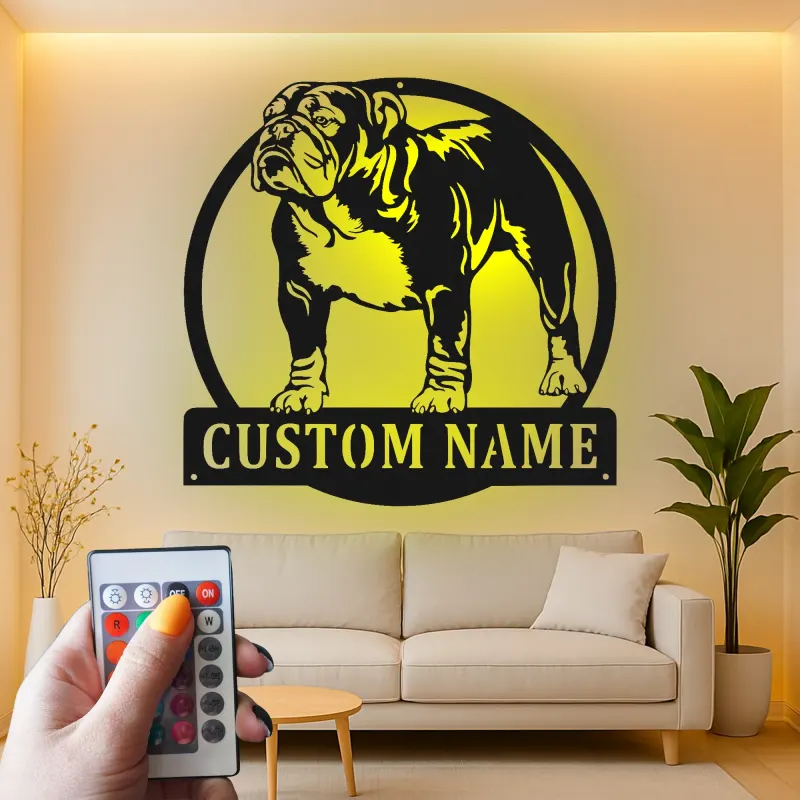 Cartel de metal LED personalizado de Bulldog, regalo para amantes de los perros, decoración para la sala de estar o área de mascotas