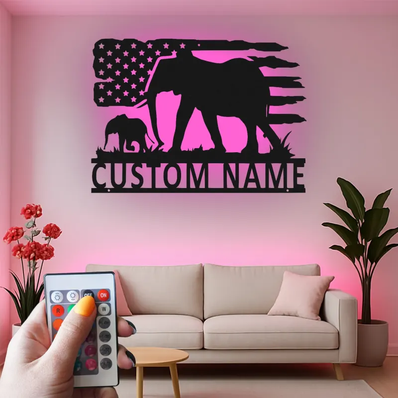 Décoration murale en métal personnalisée Elephant Family avec rétroéclairage, cadeau personnalisé pour les amoureux de la faune