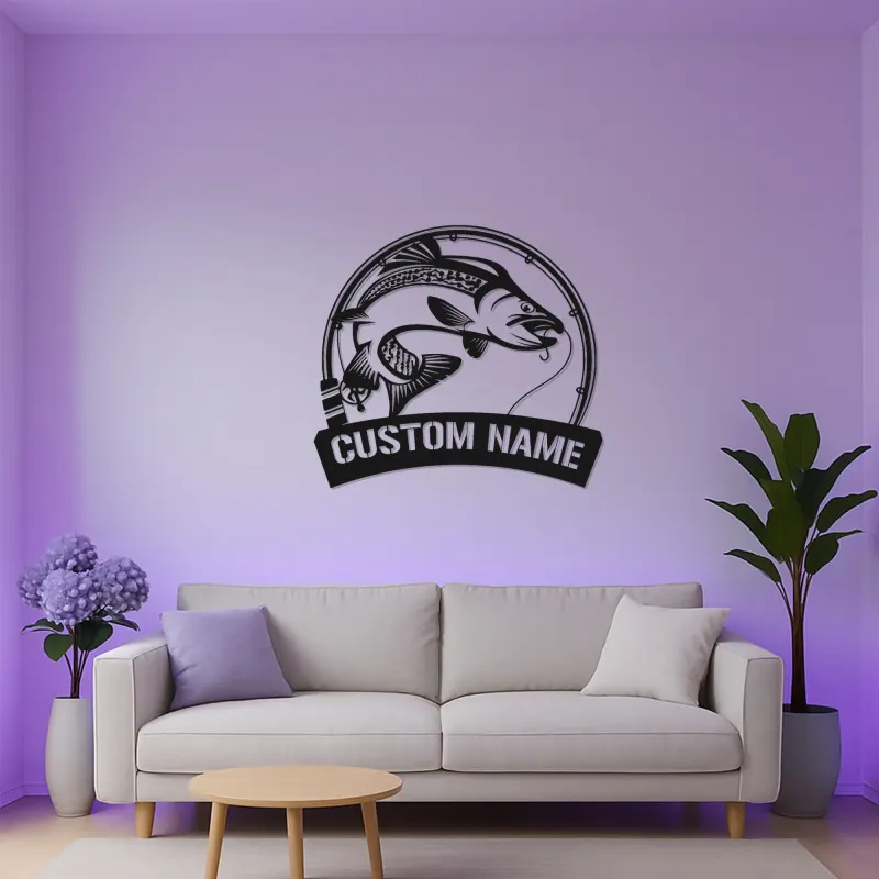 Panneau de pêche personnalisé avec LED | Décoration murale en métal sur mesure de bar | Déco prénom de pêcheur pour maison de lac et chalet