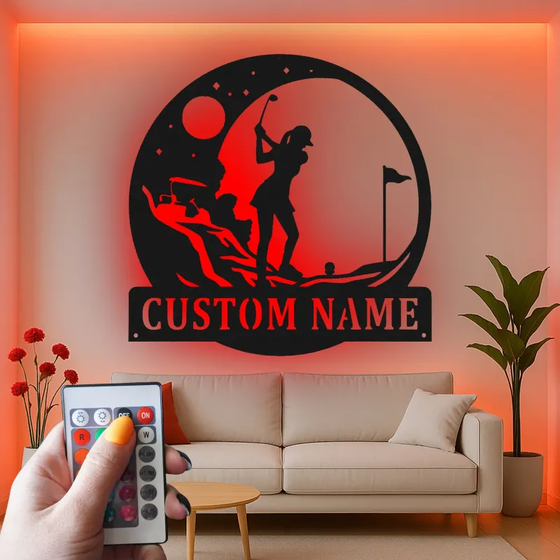Personalized Golfer LED Sign | Custom Metal Wall Art for Home & Office | Golf Lover Gift