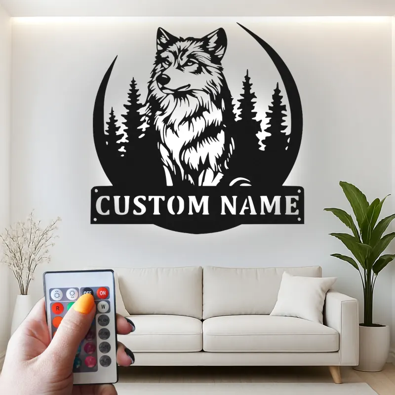 Insegna in metallo LED personalizzata con lupo - Regalo per amanti della natura, decorazione per cabin rustica