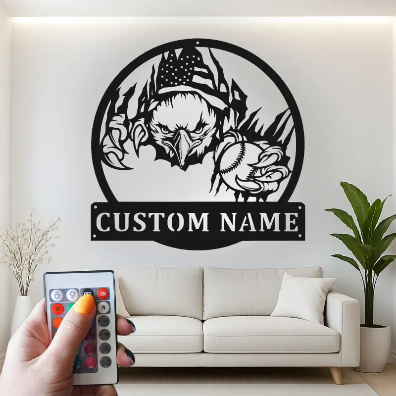 Insegna in metallo LED personalizzata a forma di aquila e baseball - Regalo personalizzato per appassionati di baseball, decorazione per sala giochi