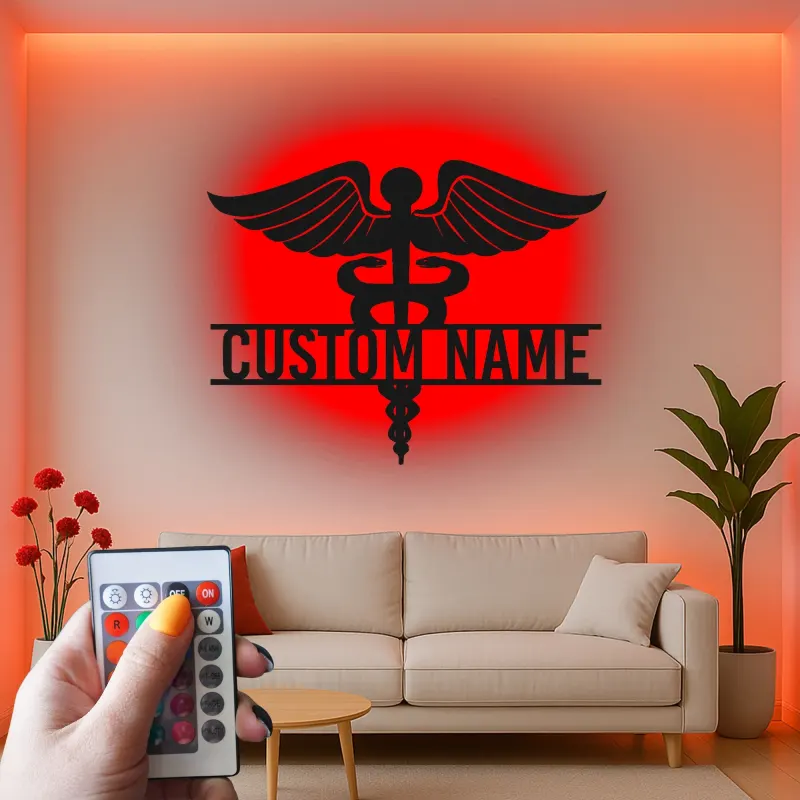 Art mural en métal Caduceus personnalisé | Panneau médical rétroéclairé LED | Décor de bureau de médecin personnalisé | Cadeau pour professionnels de la santé