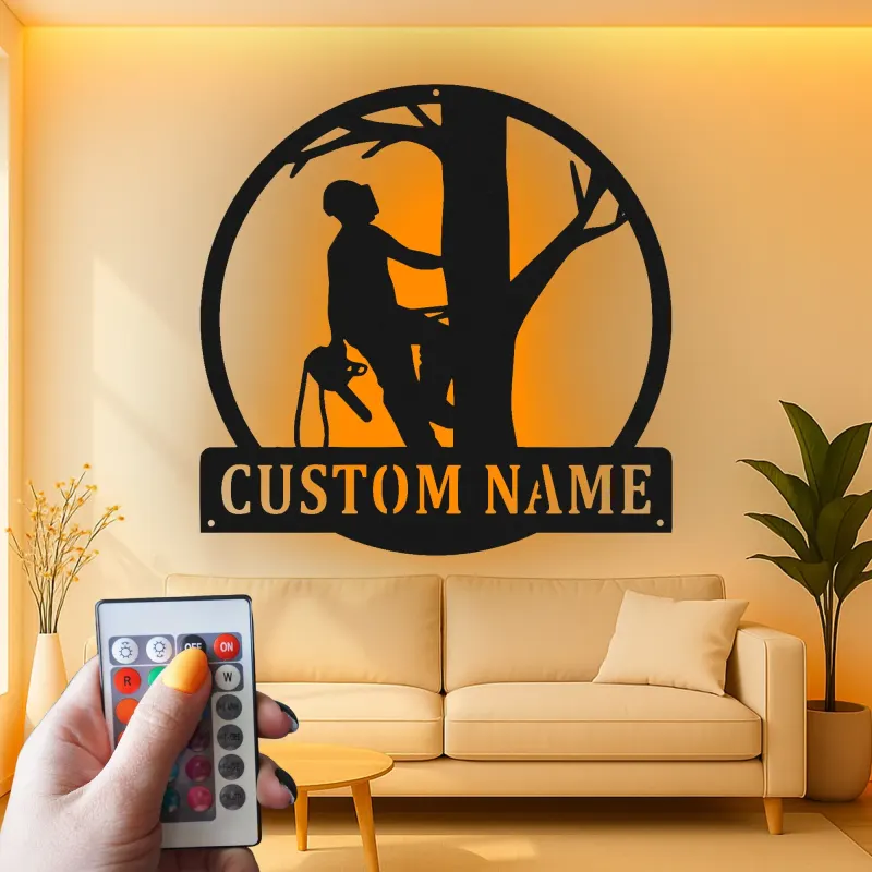 Personalisierte LED-beleuchtete Metall-Wandkunst Baumkletterer Geschenk für Arboristen