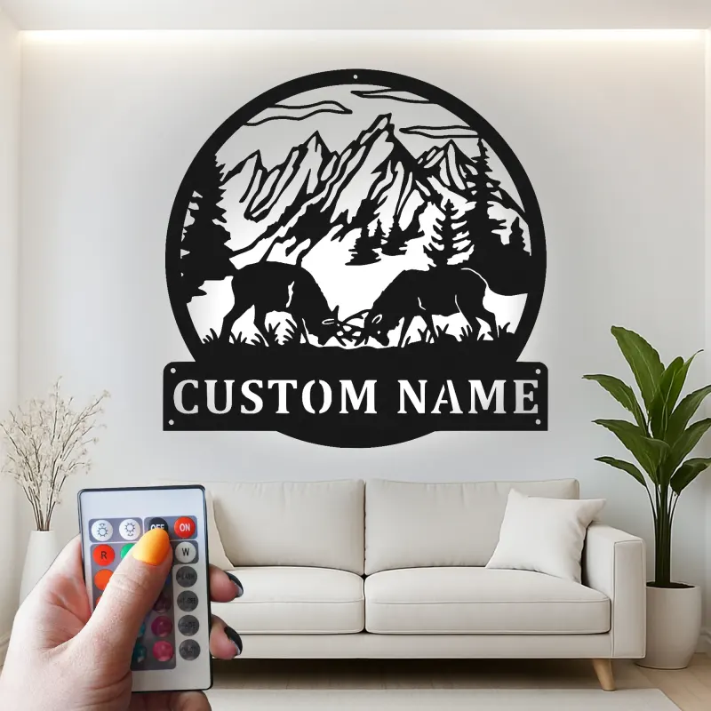 Cartel de metal LED de alce de montaña personalizado, regalo para amante de la naturaleza, decoración de cabaña rústica