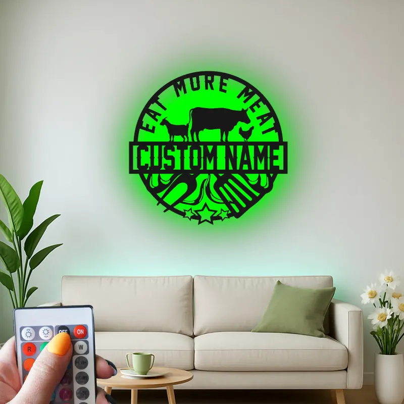Custom Eat More Meat Led Light Metal Wall Art BBQ Lover Gift Outdoor Kitchen or Grill Area Decor