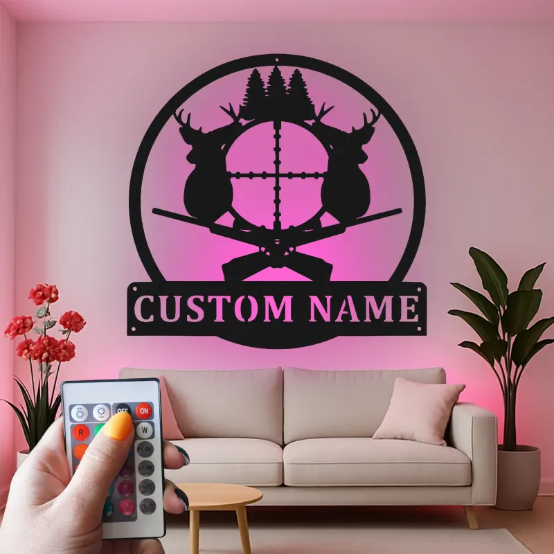 Décoration murale en métal personnalisée pour la chasse au cerf avec rétroéclairage LED, cadeau personnalisé pour les chasseurs, décoration de cabane rustique 1