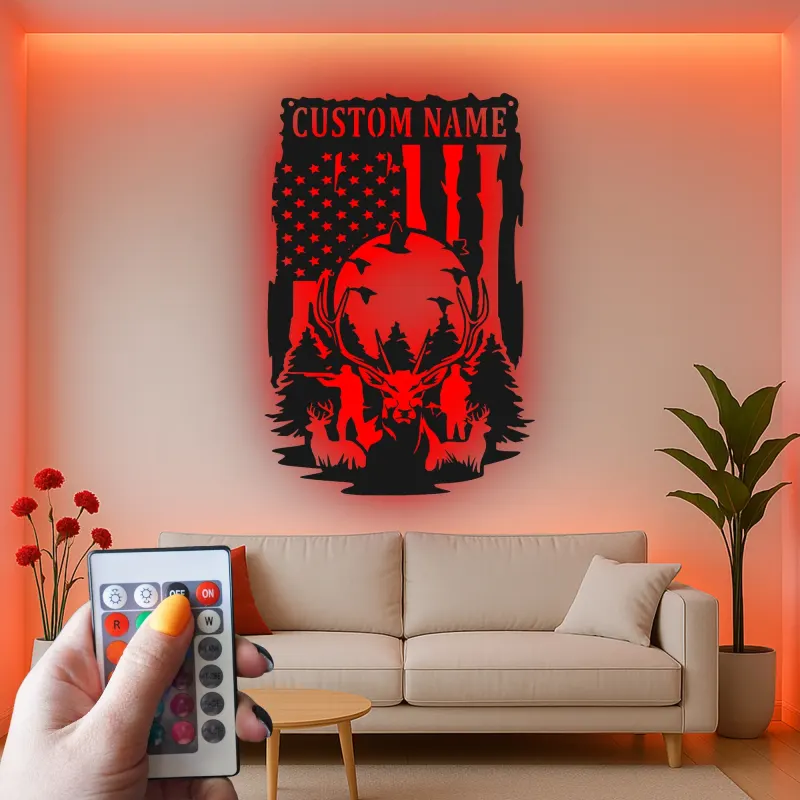 Décoration murale en métal personnalisée pour chasseurs de cerfs avec rétroéclairage LED - Cadeau personnalisé pour chasseurs - Décor de cabane rustique