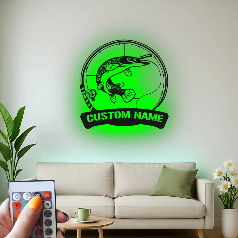 Cartel de Pesca Personalizado con LED | Arte Mural de Metal para Pescadores | Decoración para Casa de Campo y Cueva de Hombre