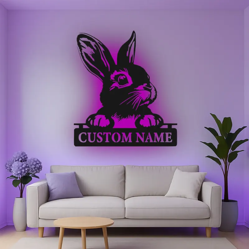 Cartel de metal LED personalizado de conejo, regalo para amantes de conejos, decoración para guardería o habitación infantil 1
