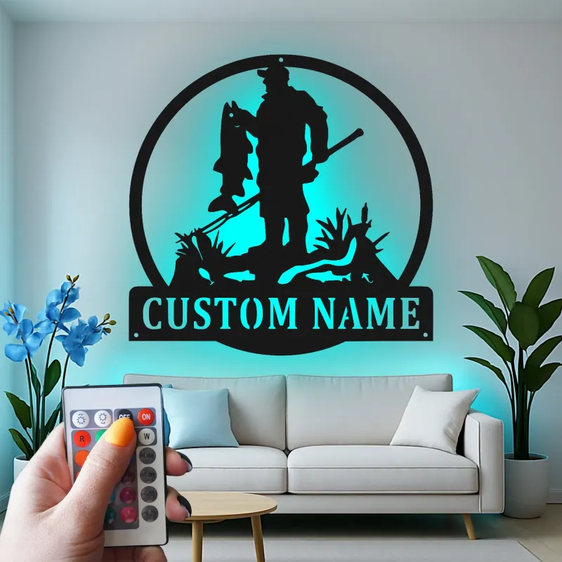 Panneau personnalisé de pêcheur avec LED | Décoration murale en métal sur mesure | Déco pour maison de lac et chalet | Cadeau pour pêcheur