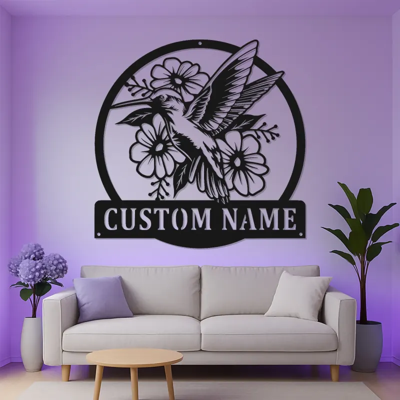 Insegna in metallo personalizzata con Colibrì | Insegna floreale LED per giardino | Targa con nome personalizzata per decorazioni esterne e patio