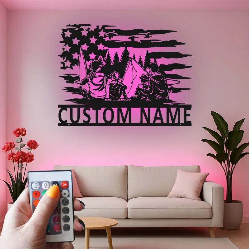 Insegna in metallo personalizzata per campeggio familiare - Luce LED - Regalo avventura all'aperto, decorazione rustica per cabin