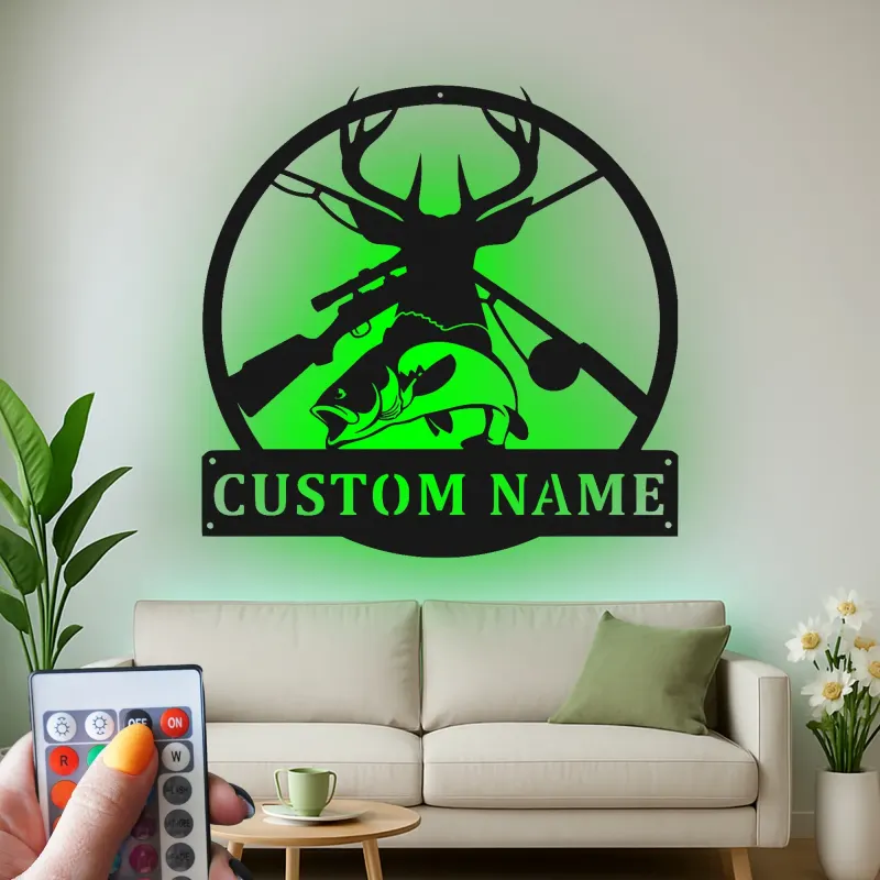 Insegna LED in metallo personalizzata per caccia e pesca | Arredo per baita per sportivi | Arte rustica per man cave