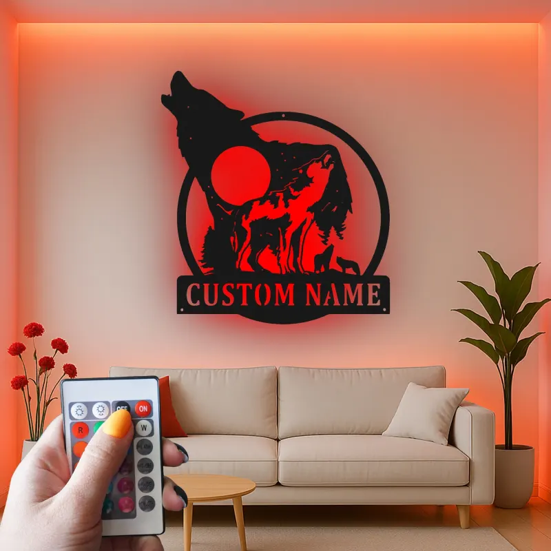Custom Wolf Pack Led Light Metal Wall Art Personalized Nature Lover Gift Rustic Cabin Decor